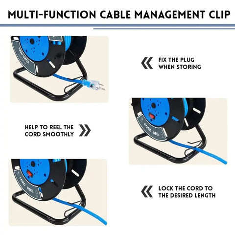 Heavy Duty Extension Cord Reel With 4 Grounded Outlets Open Cord Roller for 12/3 14/3 Power Cords showing cable management clip