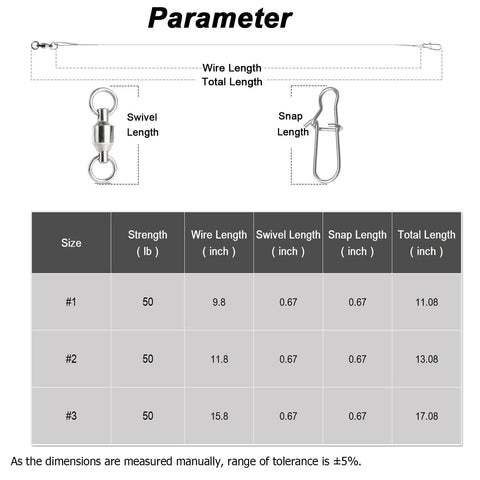 Beefed Up Stainless Steel Fishing Leader Wire Set For Saltwater Rigs 20 Pack Nickel White Size 3 50Lb 15.8In Durable Lure Tackle For Freshwater And Saltwater, size chart with swivel and snap lengths