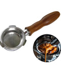 58 Millimeter Bottomless Stainless Steel Filter Holder With Wooden Handle For Home Espresso Machines, Detachable Design, Rust Resistant, Easy To Install, Durable Portafilter Accessory For Rich, Balanced Espresso bottomless portafilter shown pouring espresso