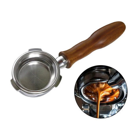 58 Millimeter Bottomless Stainless Steel Filter Holder With Wooden Handle For Home Espresso Machines, Detachable Design, Rust Resistant, Easy To Install, Durable Portafilter Accessory For Rich, Balanced Espresso bottomless portafilter shown pouring espresso