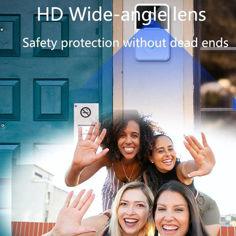 Group of people smiling at a door with Smart Video Wireless Doorbell Camera With HD Night Vision And 3 In 1 Home Security System