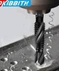 Close-up of Six Piece 8-32NC Combo Drill Tap Countersink Bit Set SAE High Speed Steel with anti rust blackened coating in action