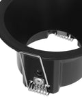 Operitacx Black Metal MR16 Downlight Housing, Fits 1.57" Cut-Out, 3.3" OD, close-up of round recessed trim with clips.