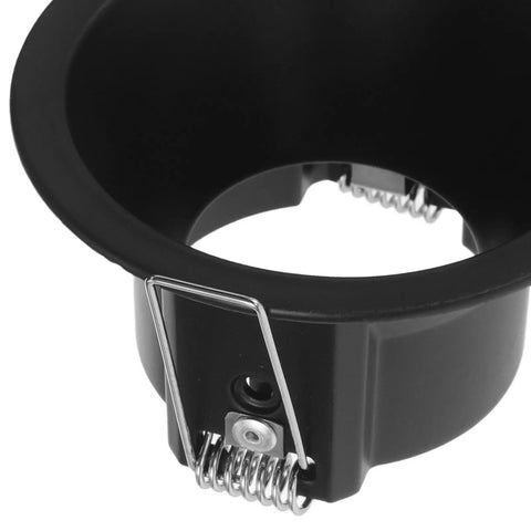 Operitacx Black Metal MR16 Downlight Housing, Fits 1.57" Cut-Out, 3.3" OD, close-up of round recessed trim with clips.