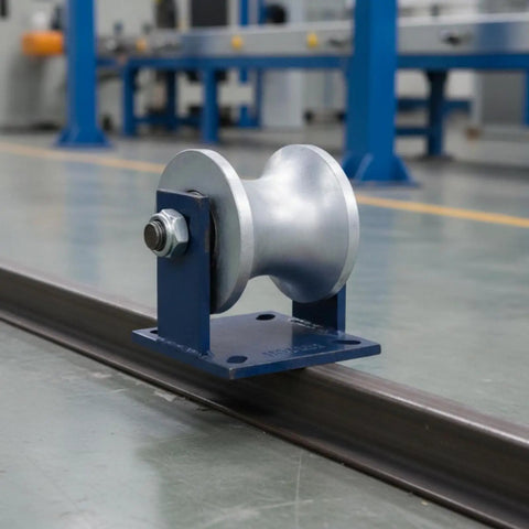Rock Solid Sliding Gate Wheel With Fifty Millimeter U Groove Roller mounted on a sturdy base, suitable for heavy duty workshop gates.