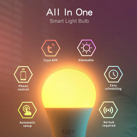 Alexa And Google Home Compatible Smart LED Bulb with 2.4GHz WiFi, dimmable RGB, Tuya app control with features highlighted