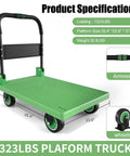 Green Folding Mobile Platform Trolley, 1323 lbs capacity, reinforced base, 360 swivel wheels, 35.4 x 23.6 inches, product specifications