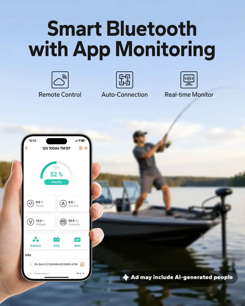 Smartphone displaying app monitoring for Rock Hard 12 Volt 100 Amp Hour Lithium Iron Phosphate Battery for Marine and Trolling Motors.