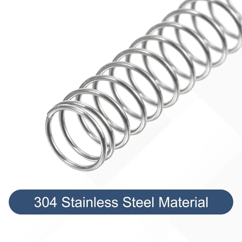 Close-up of 50 Pcs 304 Stainless Steel Compression Springs 0.3mm Wire 5mm OD 30mm Free Length Tiny Pen Springs for DIY projects.