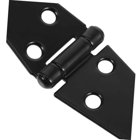 Close-up of black heavy-duty gate hinge with mounting holes and hinge pin.