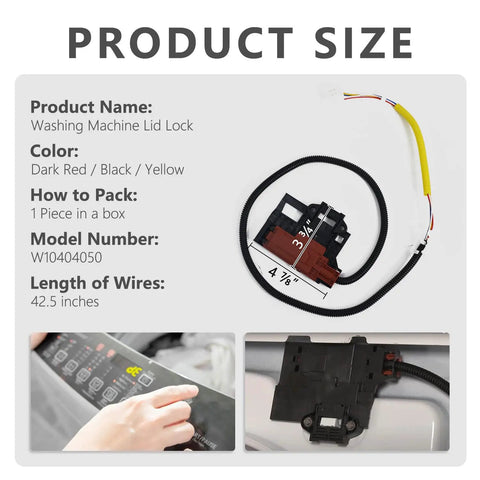 Heavy Duty Washing Machine Lid Lock Switch And Wiring Harness Kit For Straight Up Solid Replacement with dimensions and wiring details.