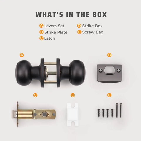 Oil Rubbed Bronze Indoor Door Knobs 2 Pack Non Locking Passage Door Knob Set For Hallway And Closet ANSI Grade 3 Certified Easy Install Durable Hardware, showing included parts: levers set, strike plate, latch, strike box, and screw bag.