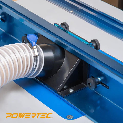 Router Table Dust Port And Bit Guard Kit For Safe Routing with hose connector and blue knobs on router table fence