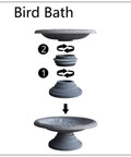 Exploded view of Fiber Clay Bird Bath With Gloss Azure Blue Bowl Grab And Go Low Profile Base 3-piece assembly sequence.