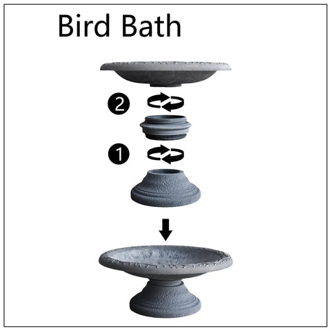 Exploded view of Fiber Clay Bird Bath With Gloss Azure Blue Bowl Grab And Go Low Profile Base 3-piece assembly sequence.
