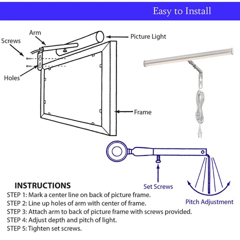 Installation guide for 14 Inch Picture Light With Integrated LED 3000K Warm White 4W (40W Eqv) Metal Wall Mount Artwork Display Light CRI90 96 Inch Cord With In Line On Off Switch Brushed Nickel Finish