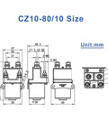 Heavy Duty DC Contactor 80Amp 24V Coil Normal Open Gold Plated Contacts technical drawing size dimensions measurements