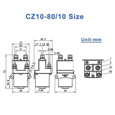 Heavy Duty DC Contactor 80Amp 24V Coil Normal Open Gold Plated Contacts technical drawing size dimensions measurements