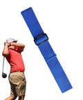Golfer swinging beside Golf Swing Training Arm Band with adjustable length and elastic rope tension, posture corrector for beginners.