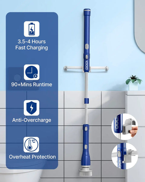 Electric Spin Scrubber With Long Handle Cordless Power Brush with wall-mounted holder, showing charging and runtime features.
