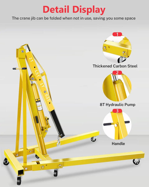 Built Tough Two Ton Hydraulic Engine Hoist Crane Featuring Rock Solid Folding Frame With Six Swivel Locking Casters And Smooth Adjustable Telescopic Boom showing thickened carbon steel construction and 8T hydraulic pump.