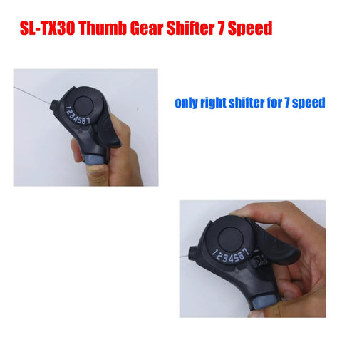Close-up of the SL-TX30 Thumb Gear Shifter, showing hand holding 7 Speed Right Thumb Gear Shifter for Mountain, Road, and City Bikes.