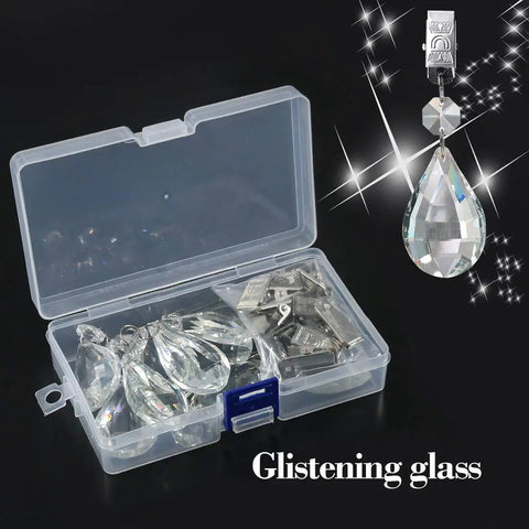 Set Of 10 Crystal Teardrop Tablecloth Weights With Metal Clips For Outdoor Picnics And Patio Tables in package with close-up view