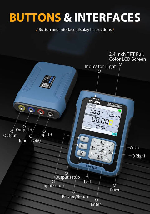Upgraded SG-003A Signal Generator Simulator showing buttons and 2.4 inch TFT display for adjustable voltage and current output.