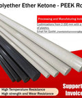 Various sizes of polyether ether ketone rods, including hard wearing polyether ether ketone rod 25 mm diameter by 300 mm length for custom projects.
