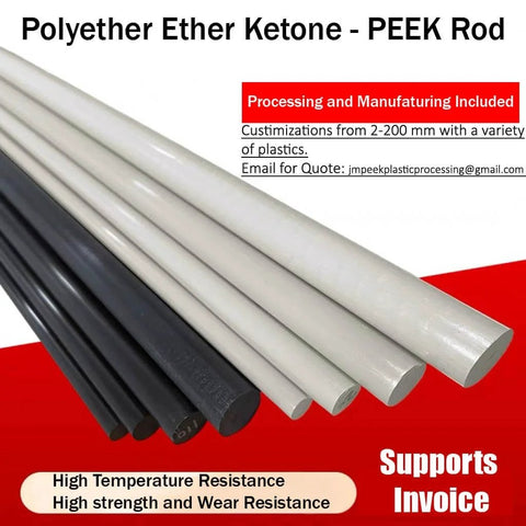 Various sizes of polyether ether ketone rods, including hard wearing polyether ether ketone rod 25 mm diameter by 300 mm length for custom projects.