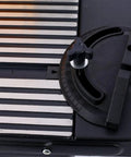 Close-up of adjustable miter gauge on Heavy Duty Aluminum Benchtop Router Table With Reinforced Steel Extensions and Built In Retractable Safety Guard.