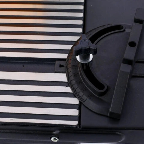 Close-up of adjustable miter gauge on Heavy Duty Aluminum Benchtop Router Table With Reinforced Steel Extensions and Built In Retractable Safety Guard.