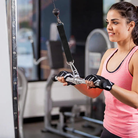 Pro Grade Gym Cable Pulley Attachment With Nylon Rope And Lifting Strap used by woman in home gym for strength training