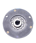 Front view of round metal electromagnetic brake housing with three mounting holes and gear-like center bore