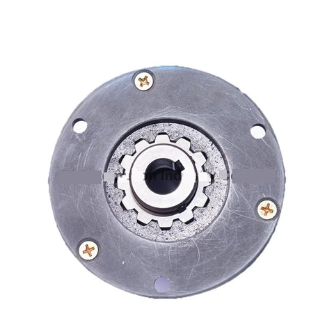 Front view of round metal electromagnetic brake housing with three mounting holes and gear-like center bore