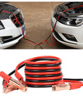 Beefy 67 Inch 150 Amp Heavy Duty Jumper Cables With Tough Alligator Clips For Emergency Roadside Assistance in use on two cars.