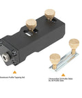 Slick Aluminum Drilling Jig For 20 30 And 40 Series Profile Rails With Integrated Threading Tool for precise tap alignment.