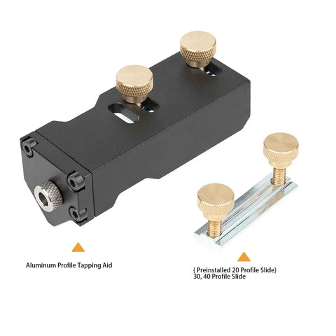 Slick Aluminum Drilling Jig For 20 30 And 40 Series Profile Rails With Integrated Threading Tool for precise tap alignment.
