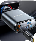 Ultra Slim 57W 3 In 1 USB C Car Charger Retractable And 180 Degree Rotatable Design plugged into car outlet