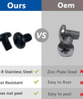 Comparison of Black M6-1.0 X 10mm Rear License Plate Screws 18-8 Stainless Steel vs OEM Zinc Plate Steel, showing durability and rust resistance.