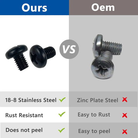 Comparison of Black M6-1.0 X 10mm Rear License Plate Screws 18-8 Stainless Steel vs OEM Zinc Plate Steel, showing durability and rust resistance.