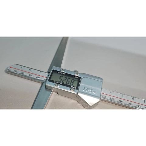 Close-up of Beast Pro Grade Digital Depth Gauge 12 Inch With 6 Inch Base Stainless Steel IP54 Waterproof Caliper displaying 52.68 mm