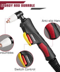 PT31 Plasma Cutter Torch 13ft High Frequency Cutting Torch For Cut-45 Cut-50 CT-312 Plasma Cutter Machines - 30A Replacement with labeled features including anti-slip handle, switch control, and consumables.