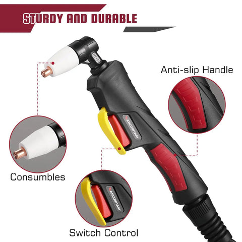 PT31 Plasma Cutter Torch 13ft High Frequency Cutting Torch For Cut-45 Cut-50 CT-312 Plasma Cutter Machines - 30A Replacement with labeled features including anti-slip handle, switch control, and consumables.