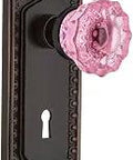 Egg And Dart Brass Door Knob Set With Crystal Pink Glass Knobs In Timeless Bronze, Dope Passage Hardware For Closet And Hallway