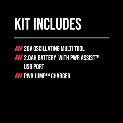 Kit includes 20V oscillating multi tool, 2.0Ah battery with PWRAssist USB port, and PWRJump charger.