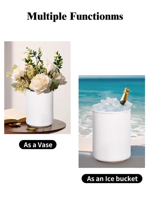 Ceramic Utensil Holder With Cork Bottom For Countertop used as a vase with flowers and an ice bucket with champagne