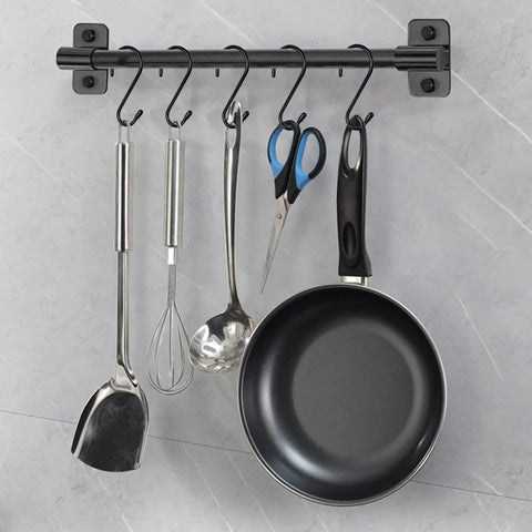 12 Pack Four And A Half Inch Vinyl Coated S Hooks Heavy Duty Non Slip Closet Hooks hanging utensils and a pan on a kitchen rod