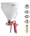 Professional Air Texture Spray Gun With 1.45 Gallon Hopper And Swappable Nozzles For Straight Up Smooth Popcorn Knockdown And Orange Peel Drywall Texturing That Works Like A Charm, showing red spray gun and nozzles.