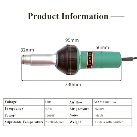 110V 1600W Hot Air Welder Gun For Plastic Repairs And DIY Projects, Adjustable 20 To 600 Degree Celsius, 180 Liters Per Minute